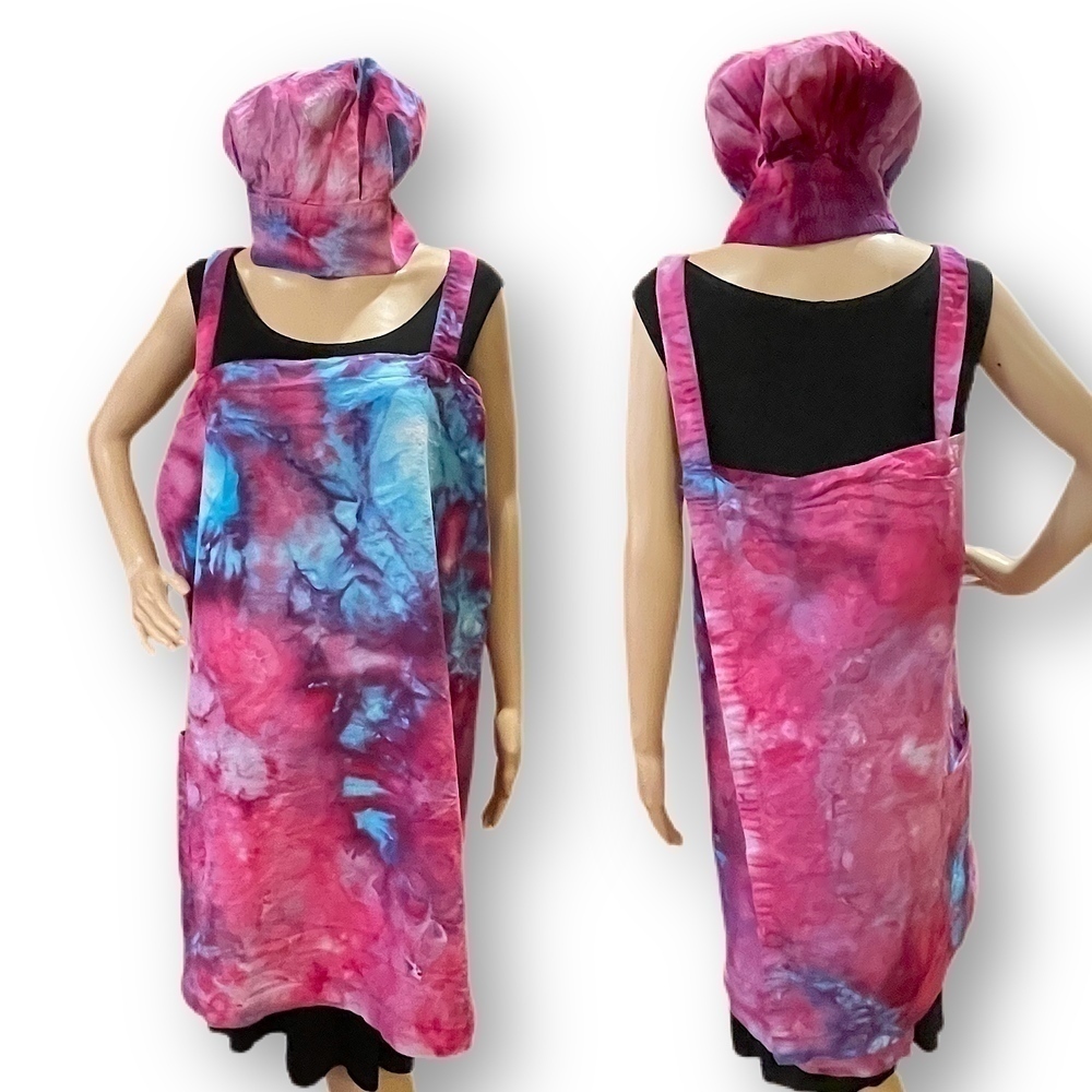 Tie Dye large Japanese wrap around apron  matching toque chef's hat purple blue